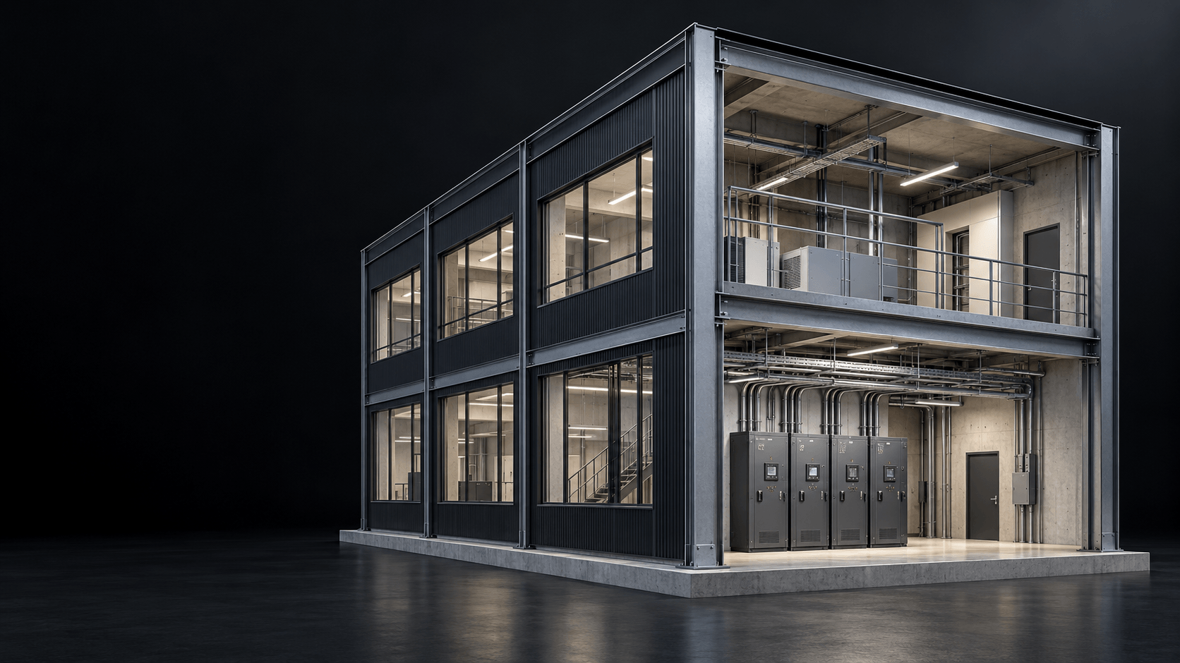 Cutaway of an industrial building, revealing its steel structure and electrical equipment