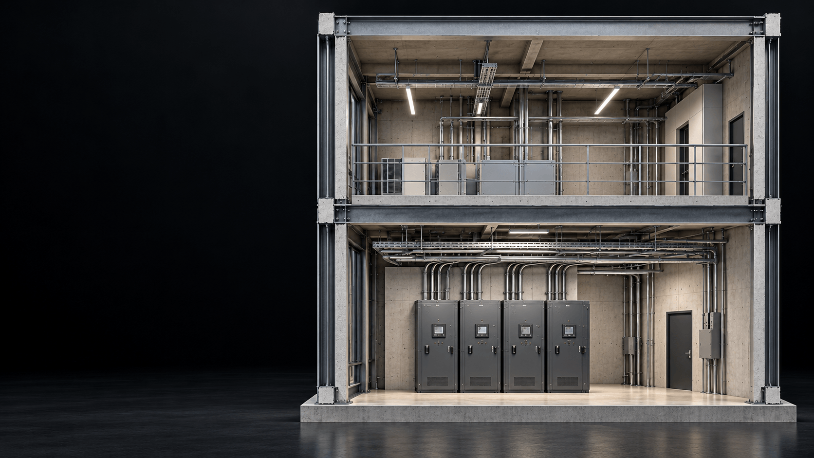 Building section revealing the relationship between floors, steelwork, cable containment and electrical cabinets